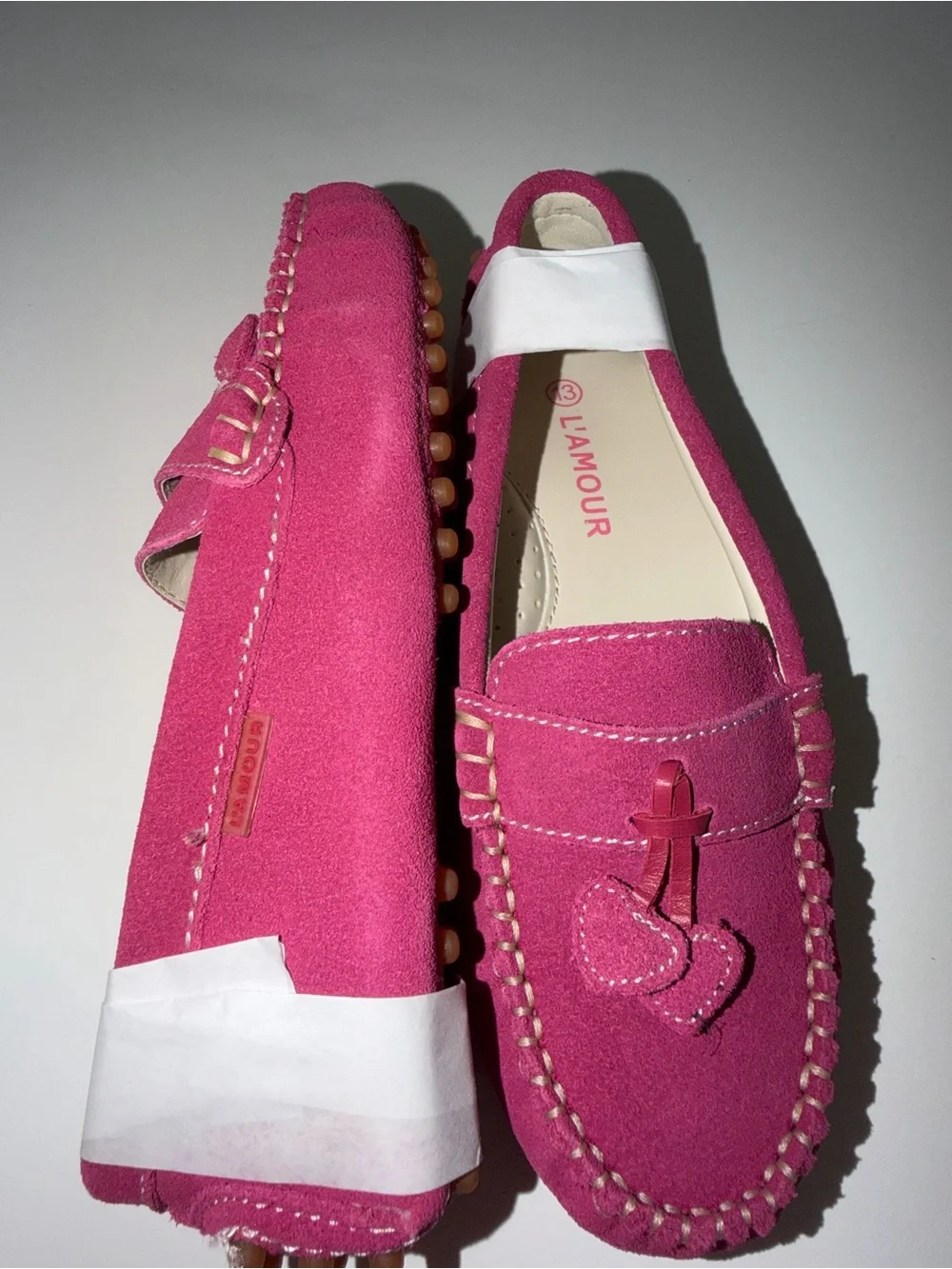 NWT L'Amour Girls Size 13 Fuchsia Suede Driving Moccasins | Heart Tassel